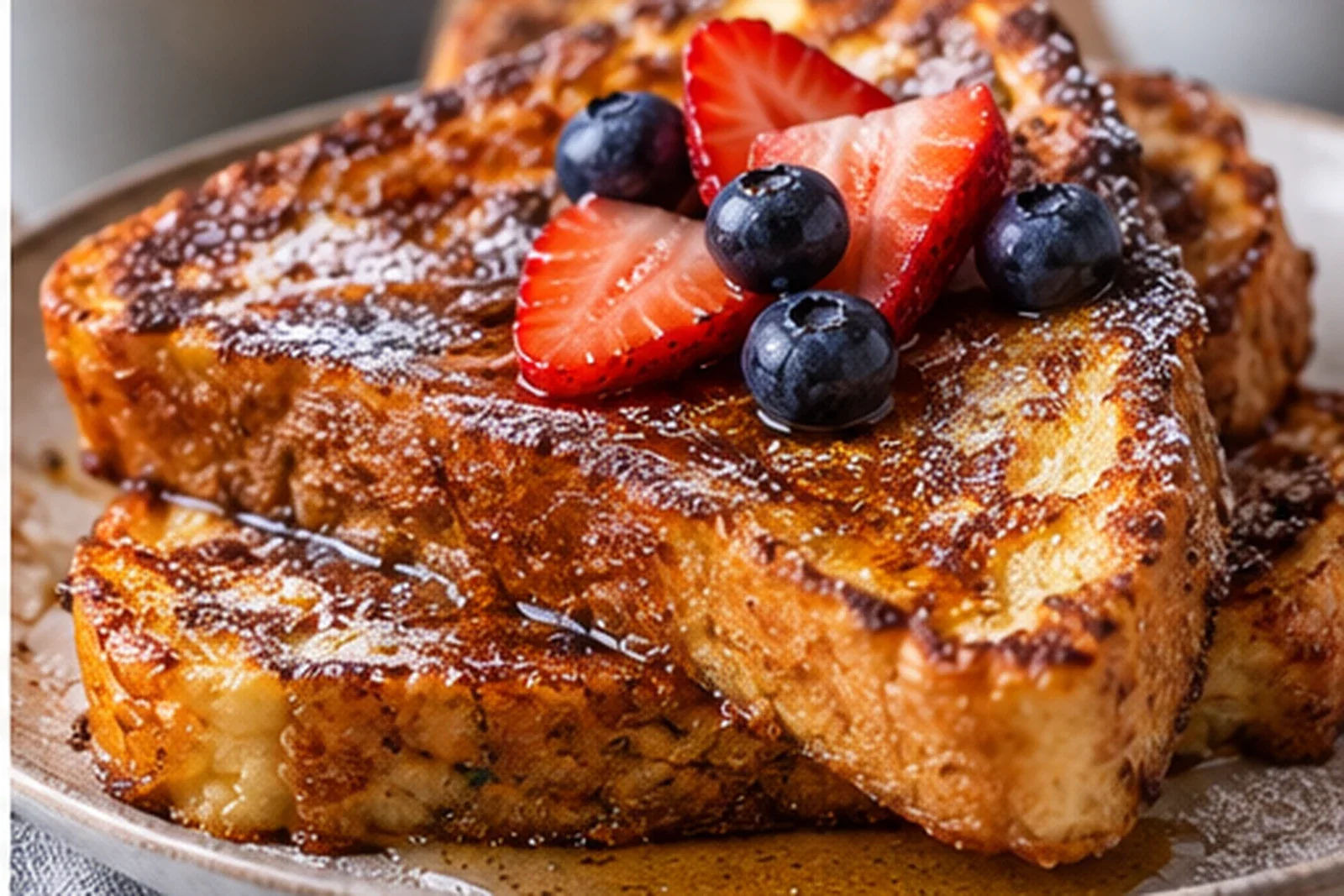 Thick golden French toast with berries, maple syrup and powdered sugar