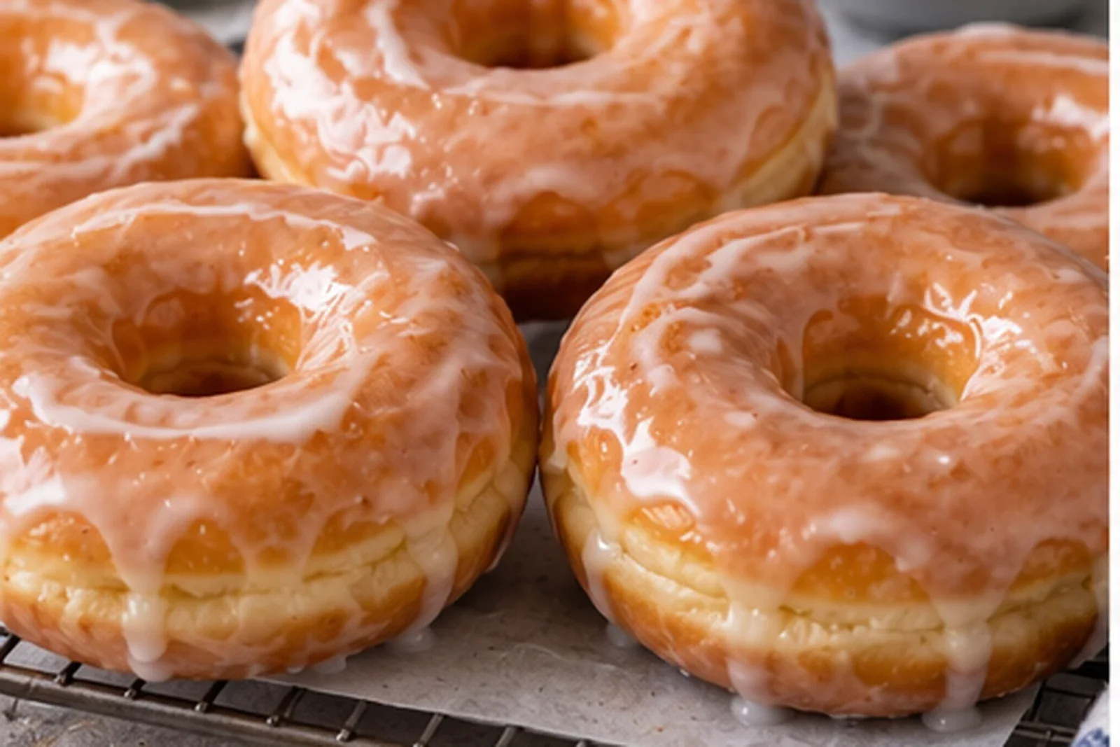 Light yeast-raised ring donuts coated in a smooth vanilla glaze