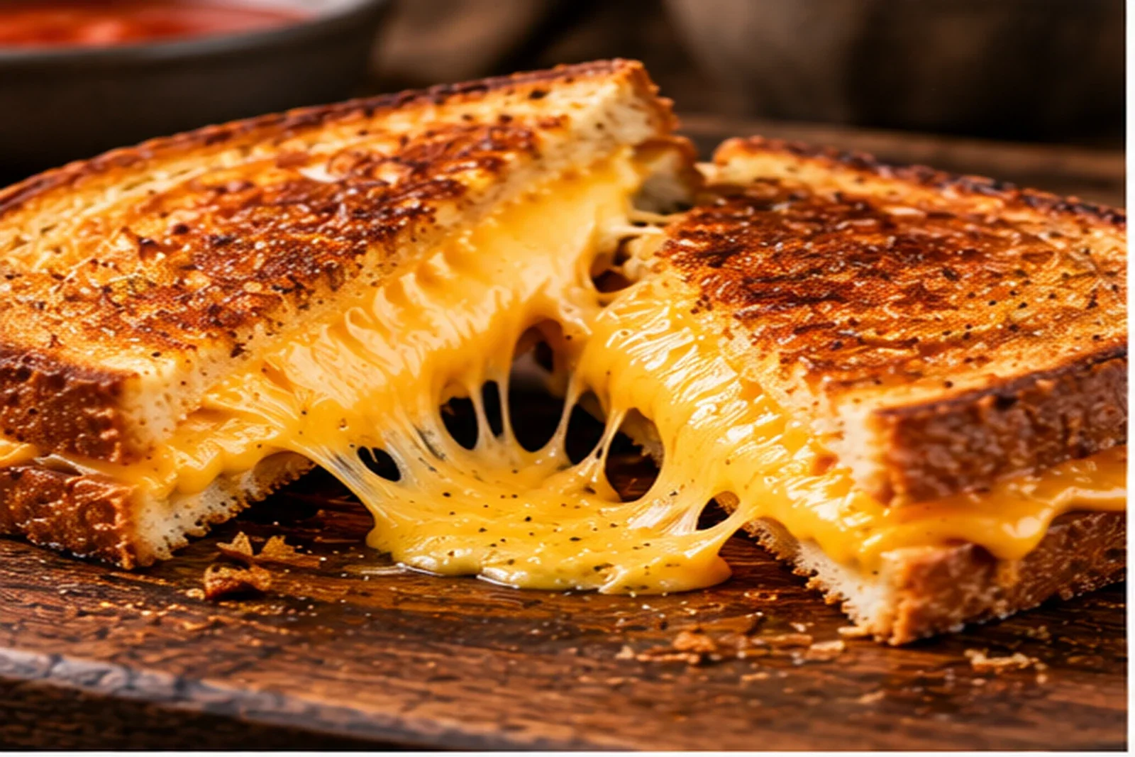 Golden grilled cheese sandwich with crisp bread and stretchy melted cheddar