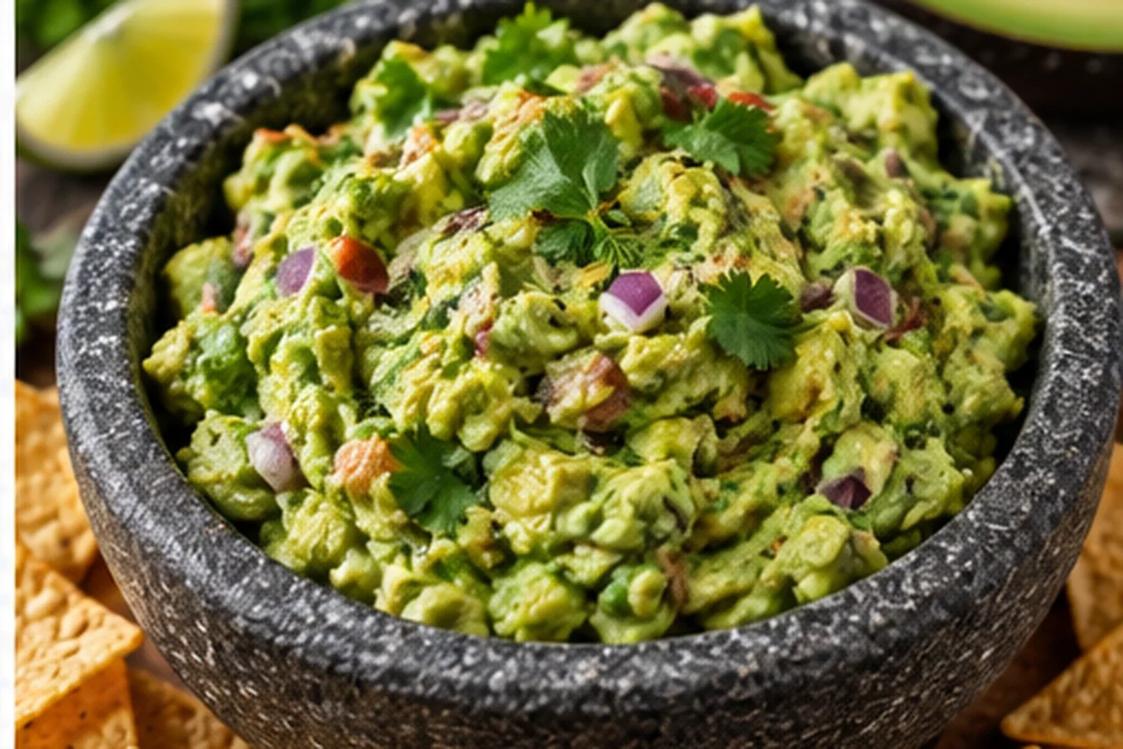 Chunky green guacamole with avocado, cilantro, red onion and lime in a dark stone bowl
