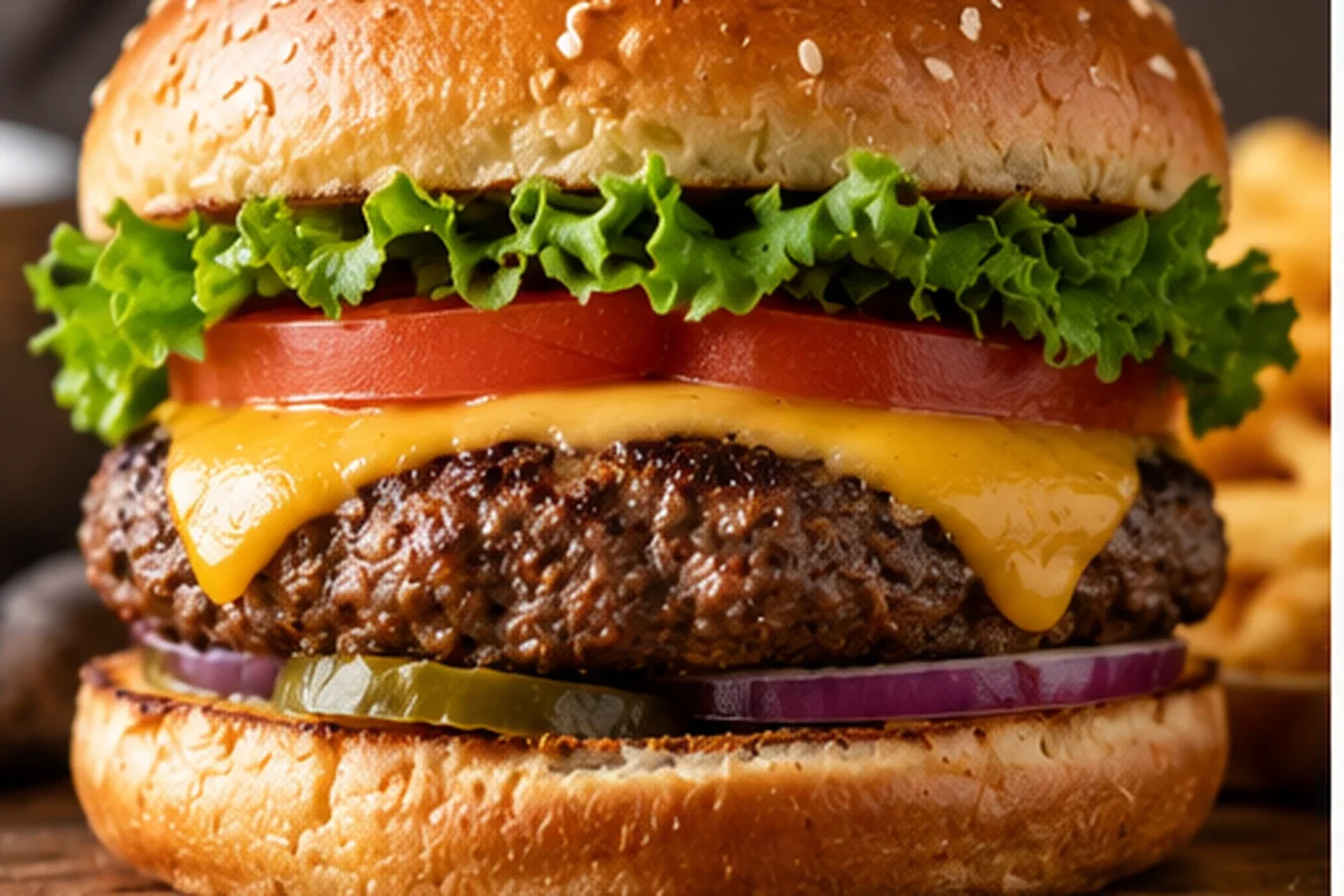 Classic cheeseburger with lettuce, tomato, pickles and onion on a glossy bun