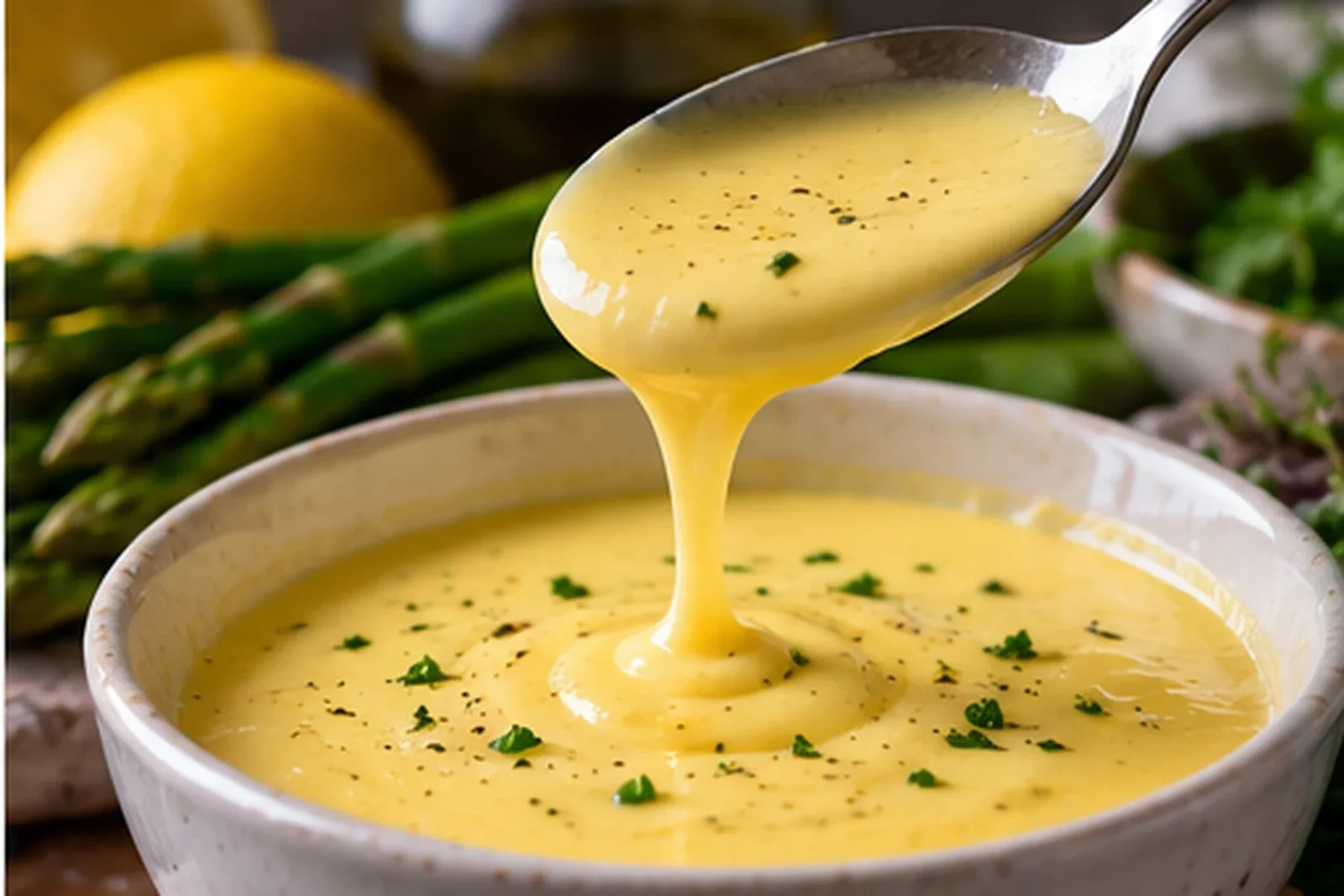Classic hollandaise sauce flowing from a spoon into a serving bowl