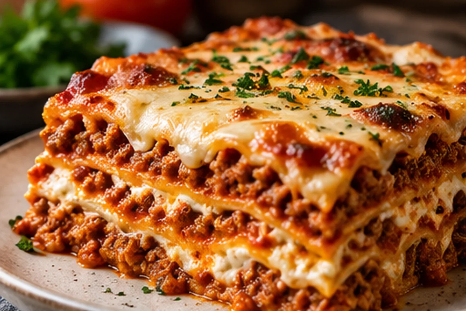 Layered meat lasagna with tomato sauce ricotta and browned melted cheese