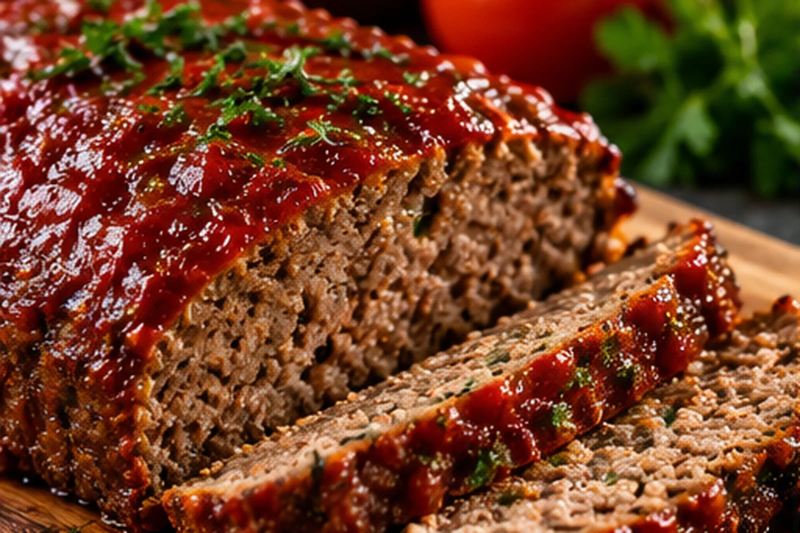 Sliced glazed meatloaf with a moist tender interior and parsley