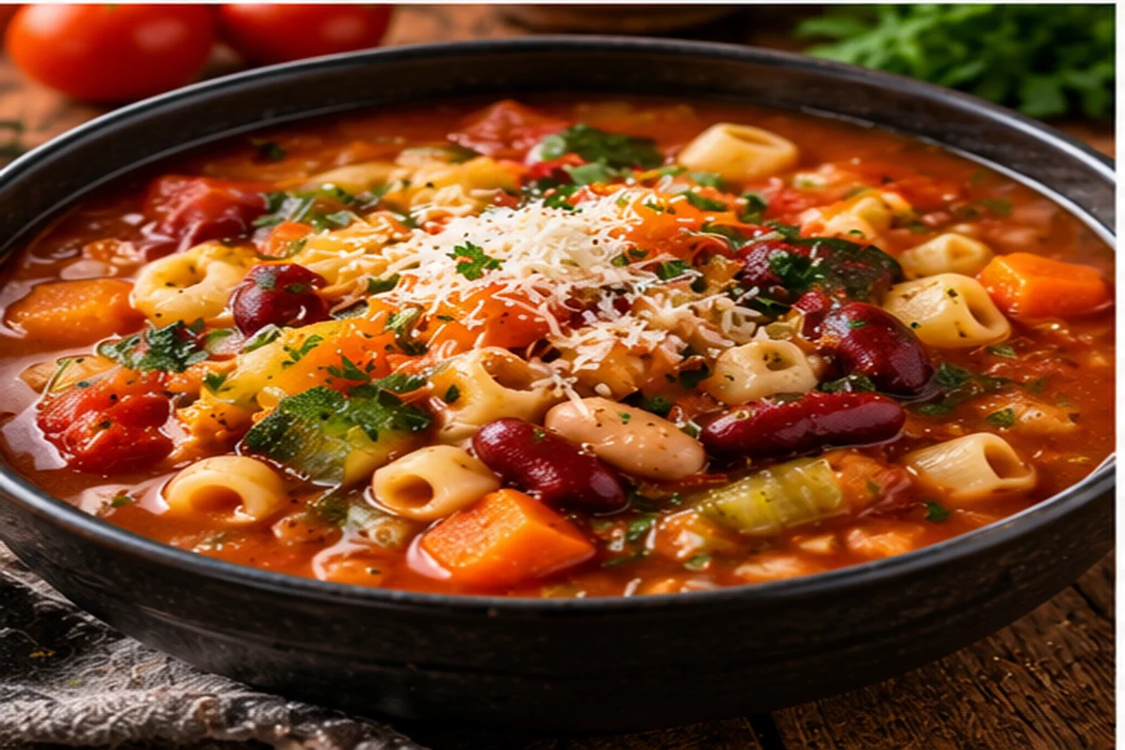 Tomato-rich minestrone with beans, vegetables, small pasta and Parmesan