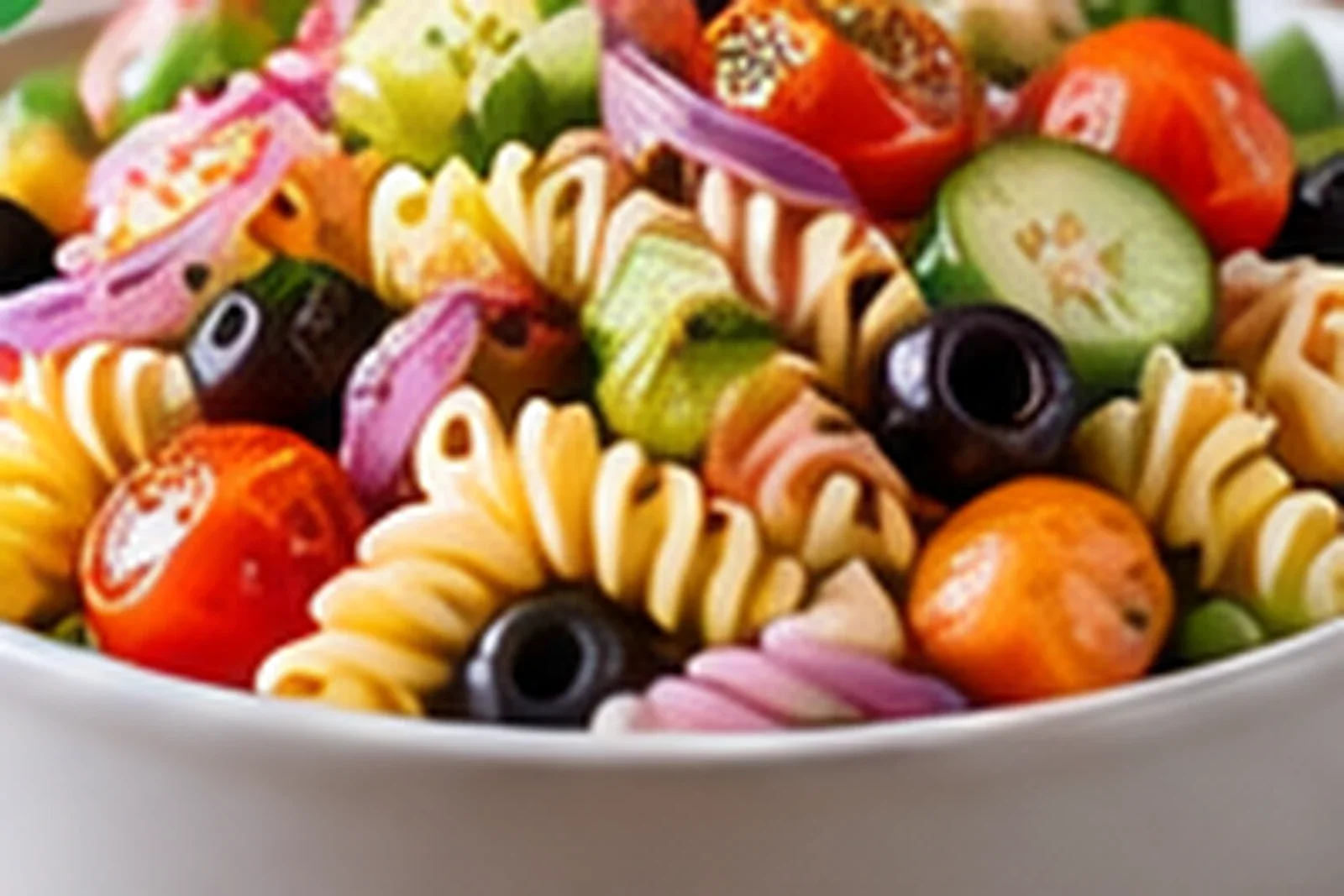 Photorealistic classic pasta salad with rotini, cherry tomatoes, cucumber, olives, red onion and herbs
