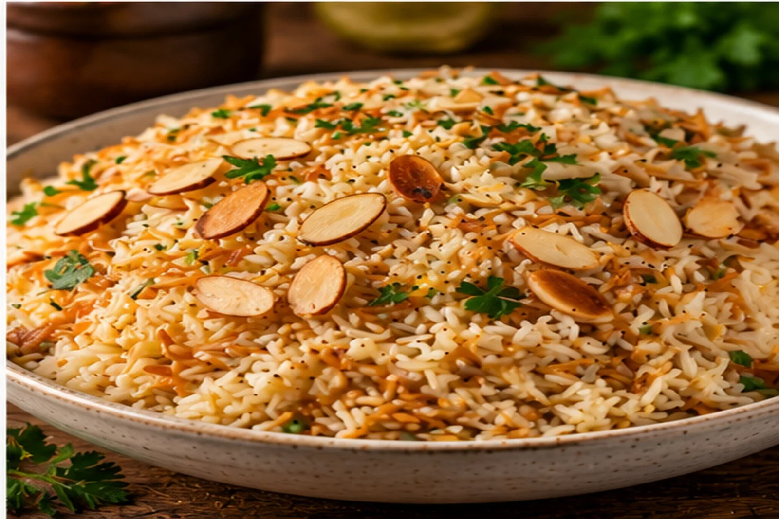 Fluffy rice pilaf with toasted almonds and parsley