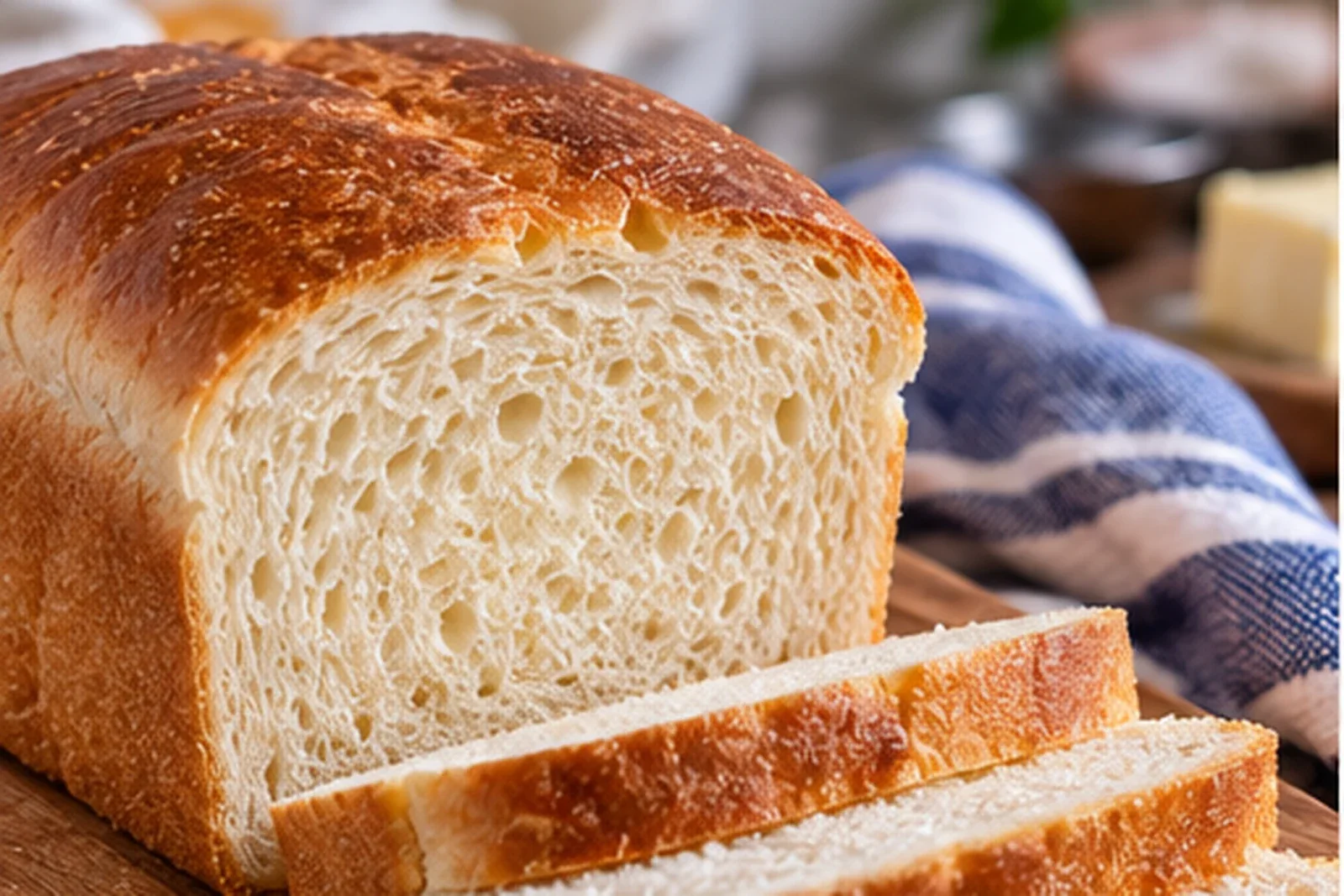 Sliced classic white sandwich bread with a golden crust and soft even crumb