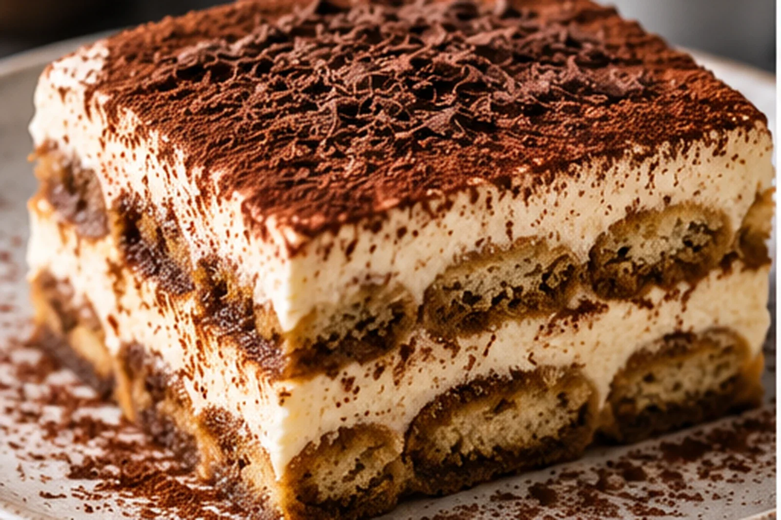 Classic tiramisu with mascarpone layers, espresso-soaked ladyfingers, cocoa and chocolate shavings