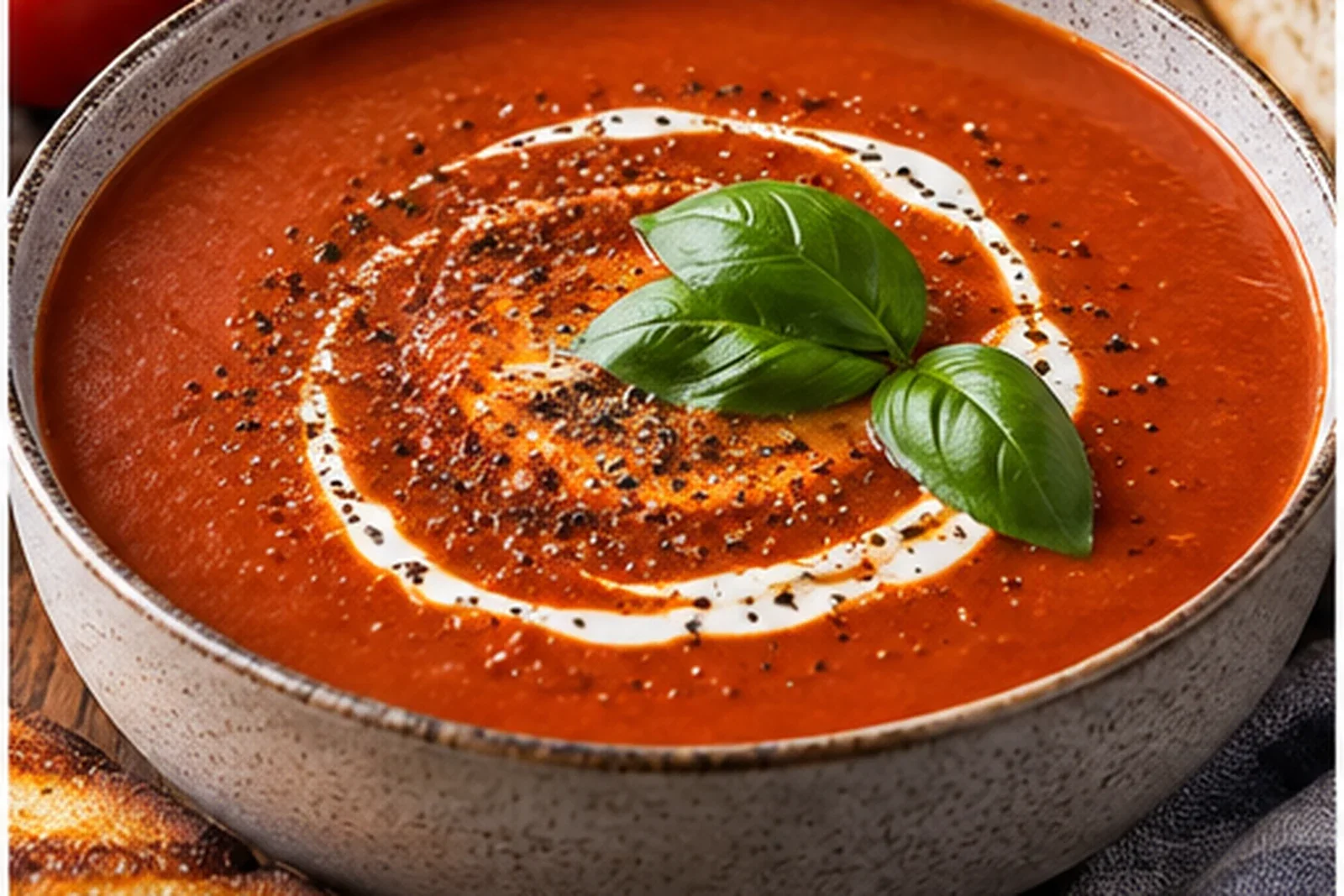 Smooth tomato soup with basil, black pepper, olive oil and cream swirl
