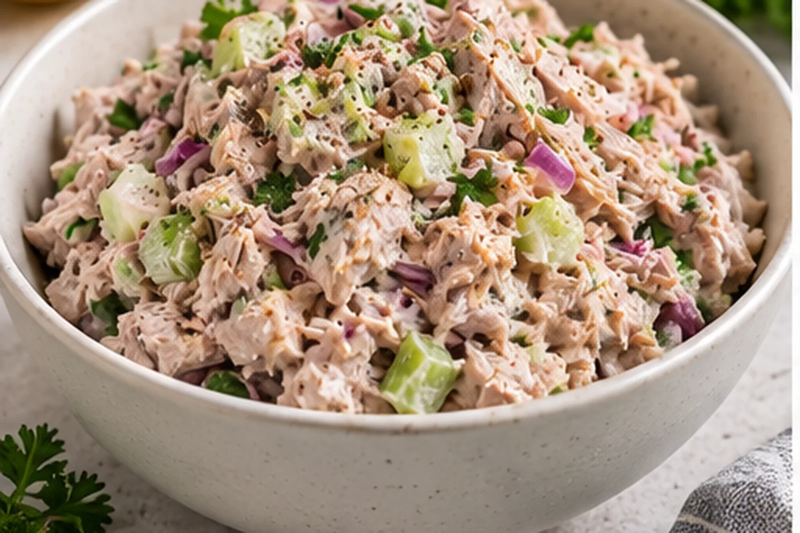 Classic tuna salad with drained tuna, celery, red onion, parsley and mayonnaise