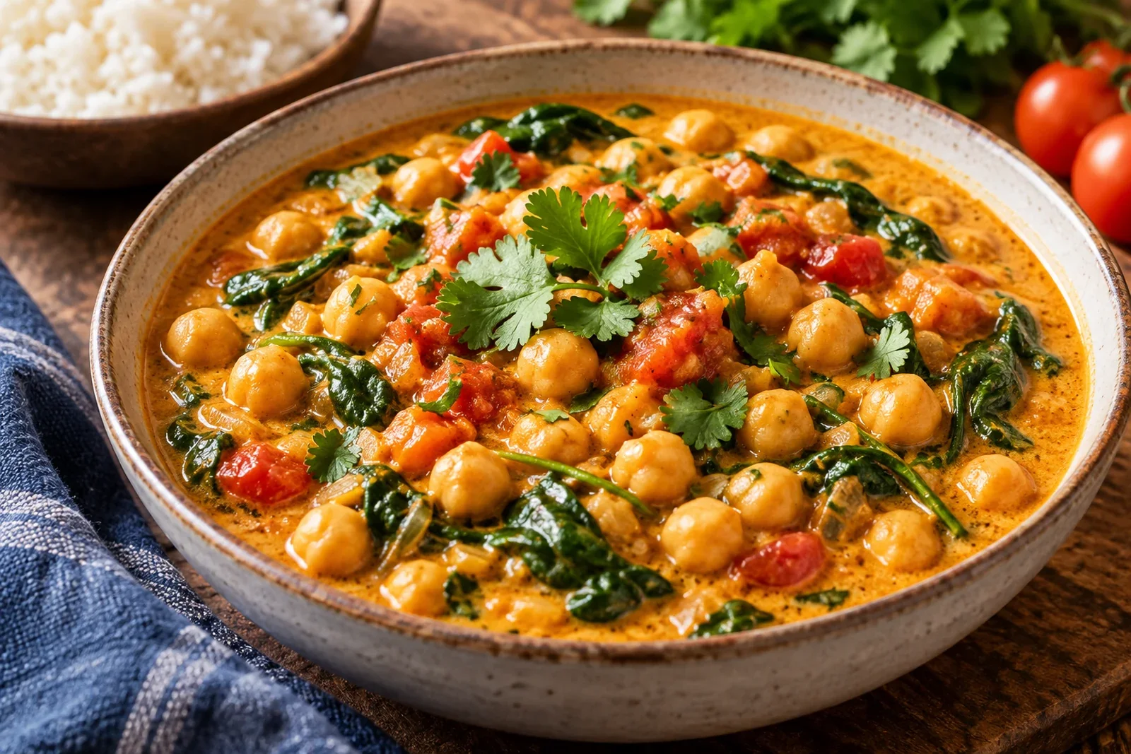 Creamy coconut chickpea curry with spinach, tomato and cilantro