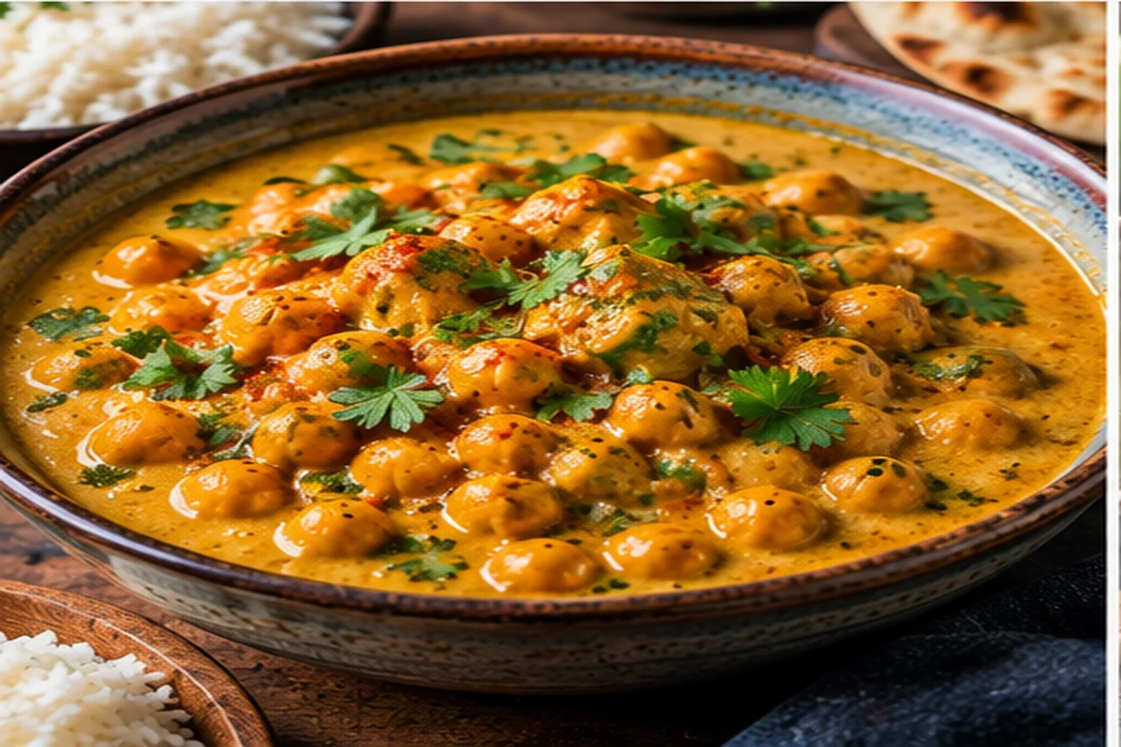 Creamy coconut lentil curry with vegetables, herbs and warm golden spices