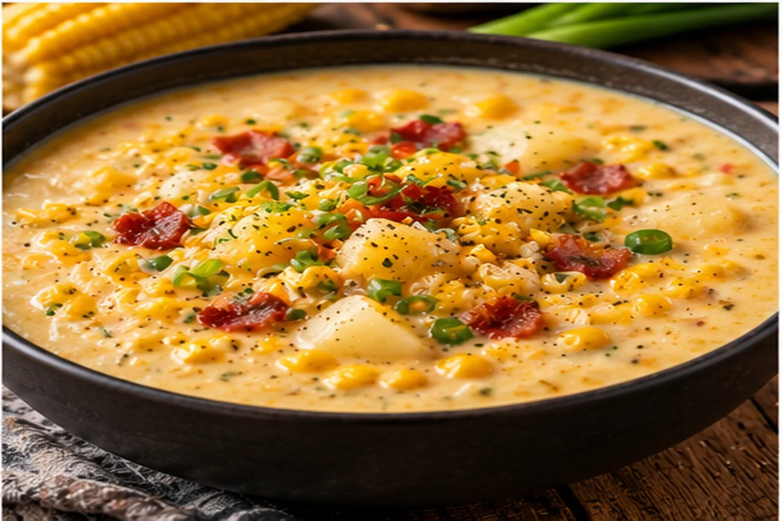 Creamy corn chowder with sweet corn, potato, bacon and herbs