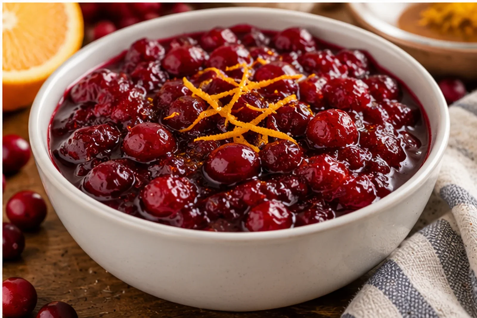 Glossy homemade cranberry sauce with whole berries and orange zest