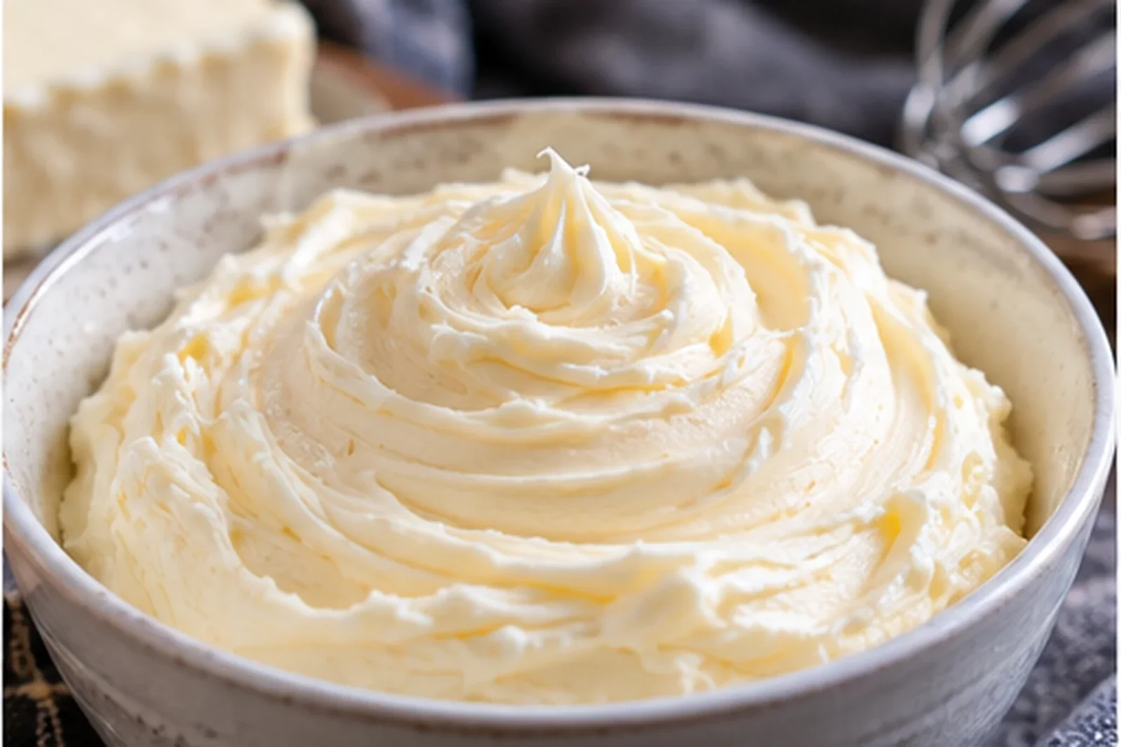 Bowl of smooth cream cheese frosting with soft stable swirls