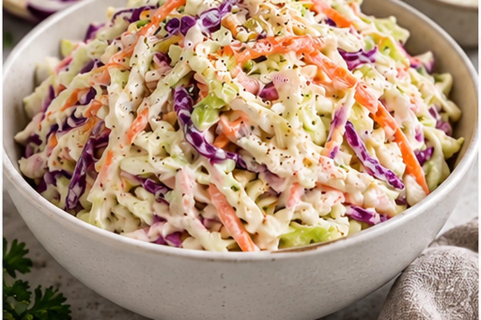 Creamy coleslaw with green and red cabbage, carrots and a thick tangy dressing