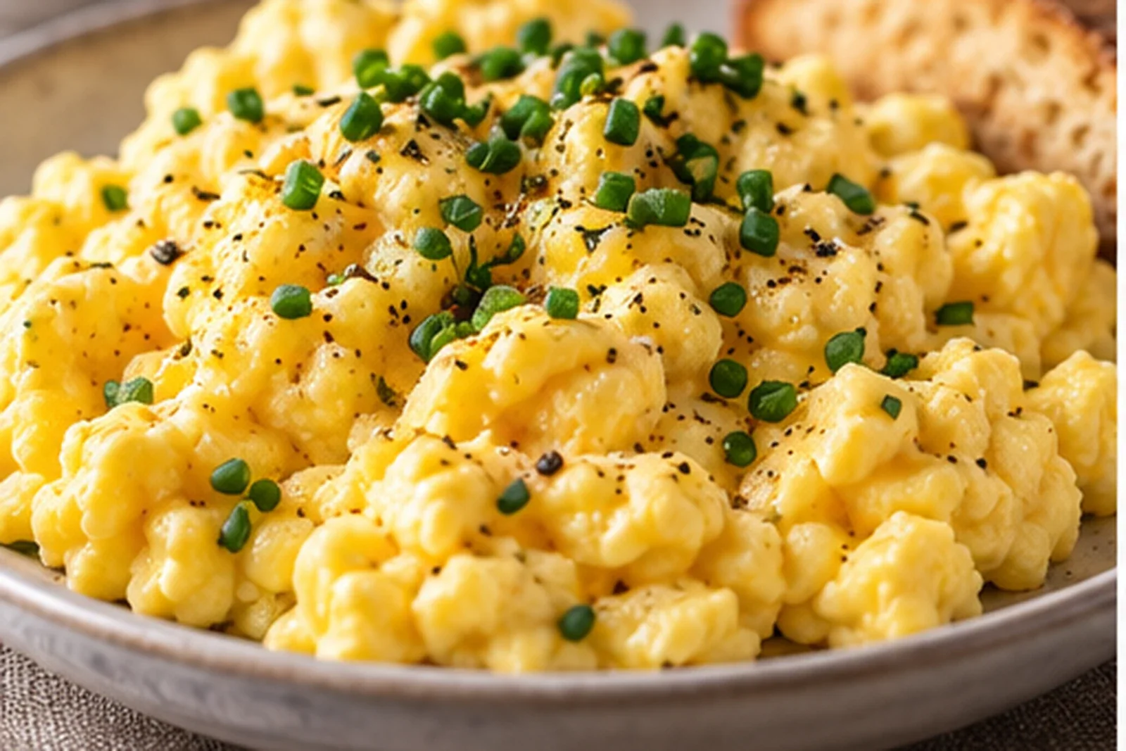 Soft creamy scrambled eggs with chives and black pepper on a breakfast plate