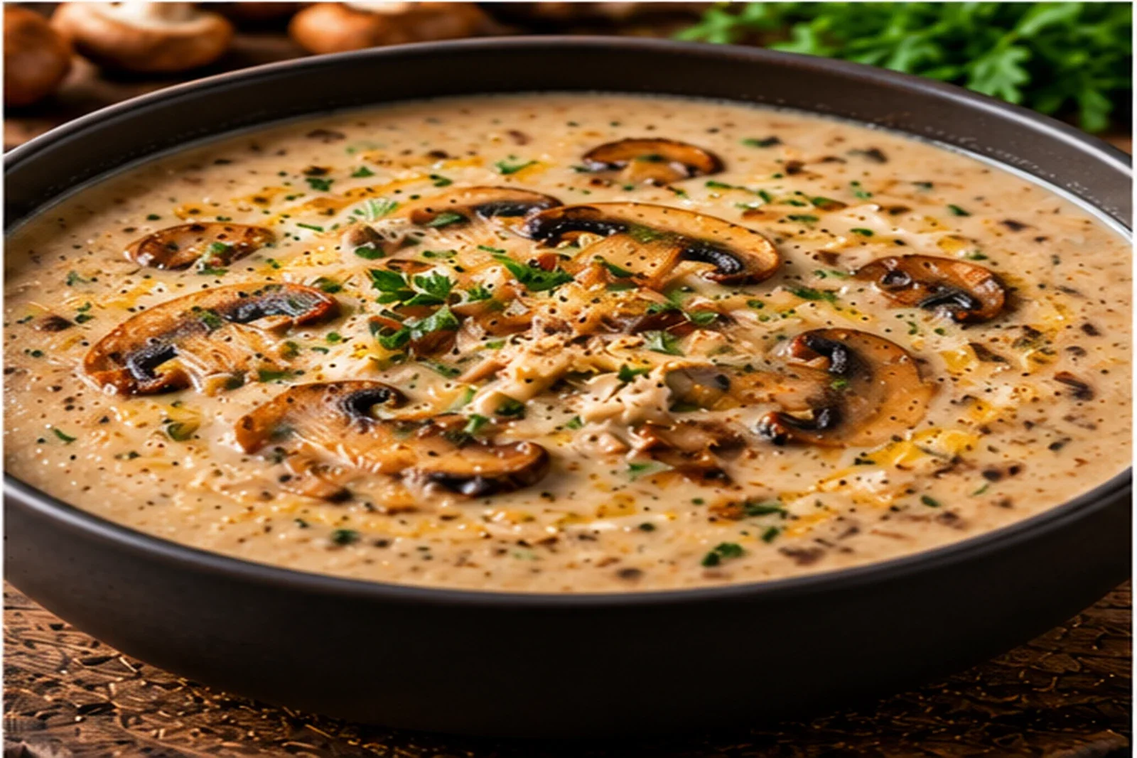Creamy wild mushroom soup with browned mushrooms, herbs and black pepper