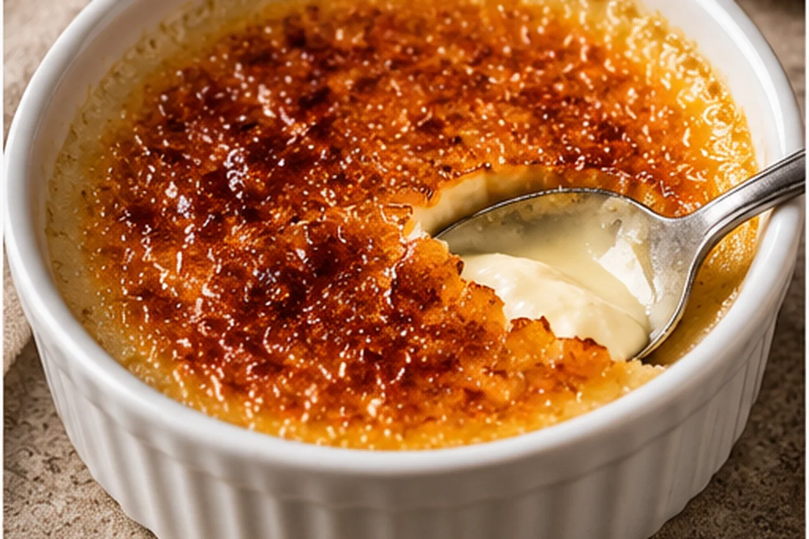 Vanilla crème brûlée with a thin caramelized sugar crust cracked by a spoon
