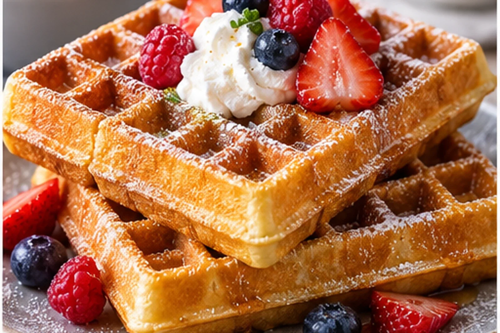 Golden Belgian waffles topped with berries, whipped cream and powdered sugar