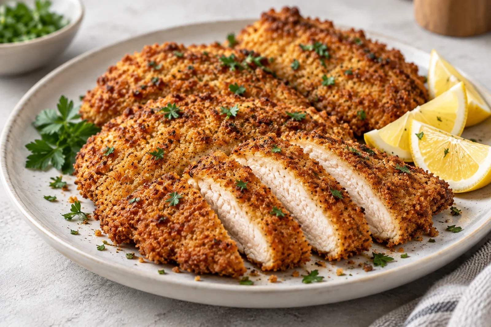 Crispy golden breaded chicken cutlets with lemon wedges and parsley