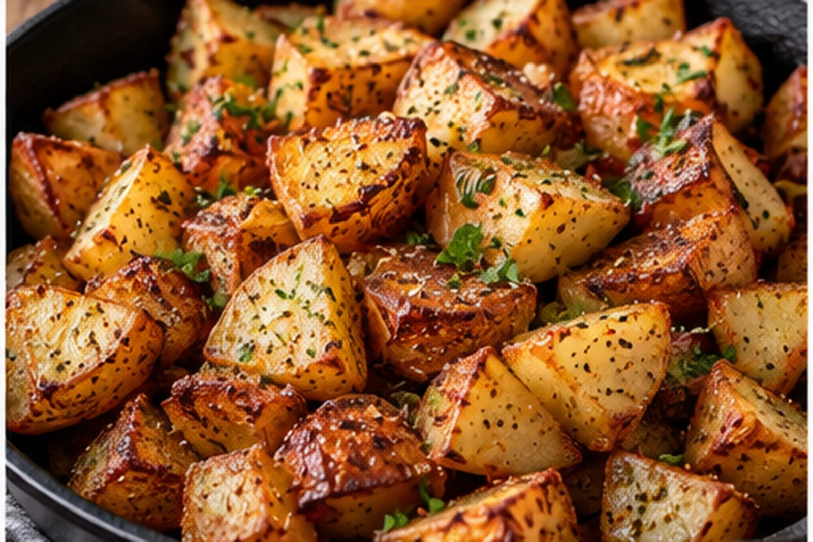 Golden crisp breakfast potato cubes with browned edges and herbs in a dark skillet