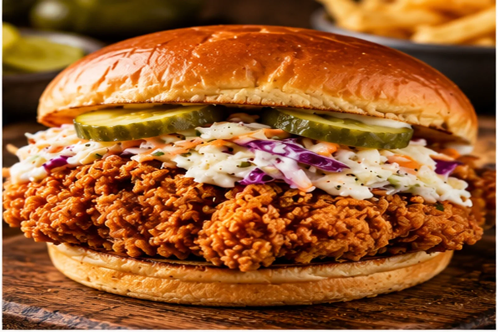 Crispy fried chicken sandwich with slaw, pickles and a toasted brioche bun