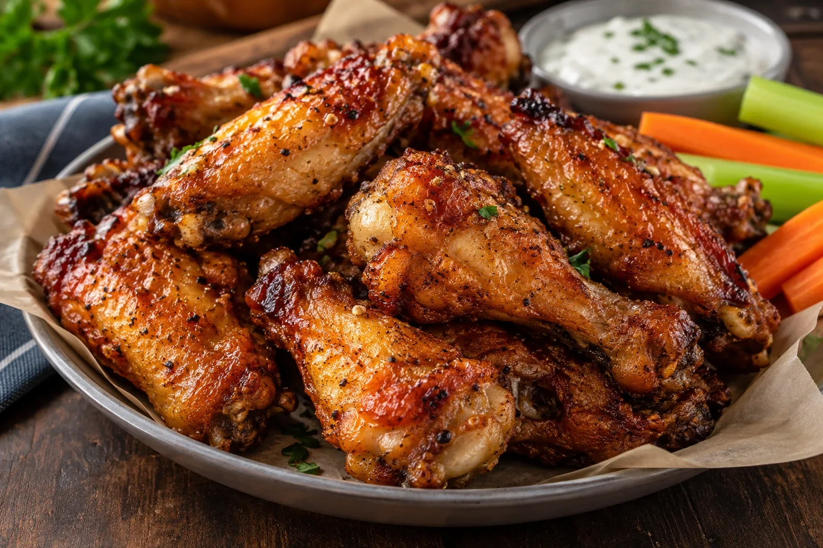 Photorealistic crispy baked chicken wings with deeply browned seasoned skin, celery and carrot sticks, and a creamy dip