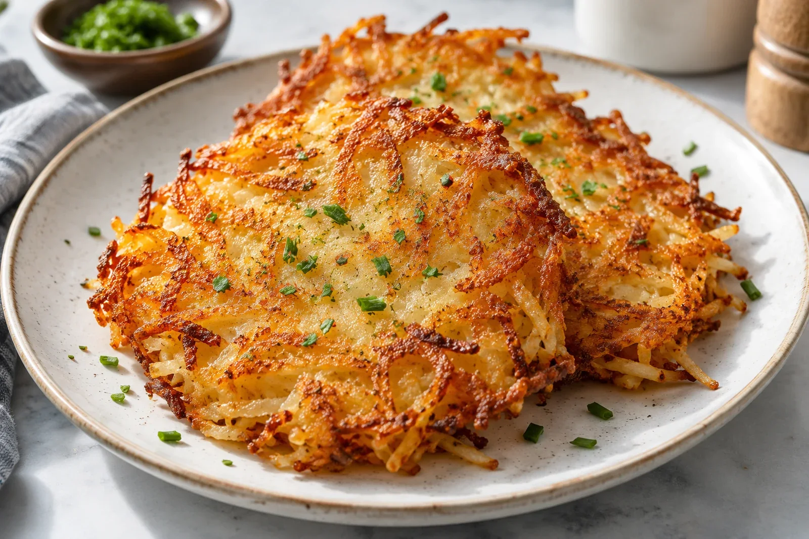 Golden crispy shredded hash browns with browned lacy edges and fresh herbs