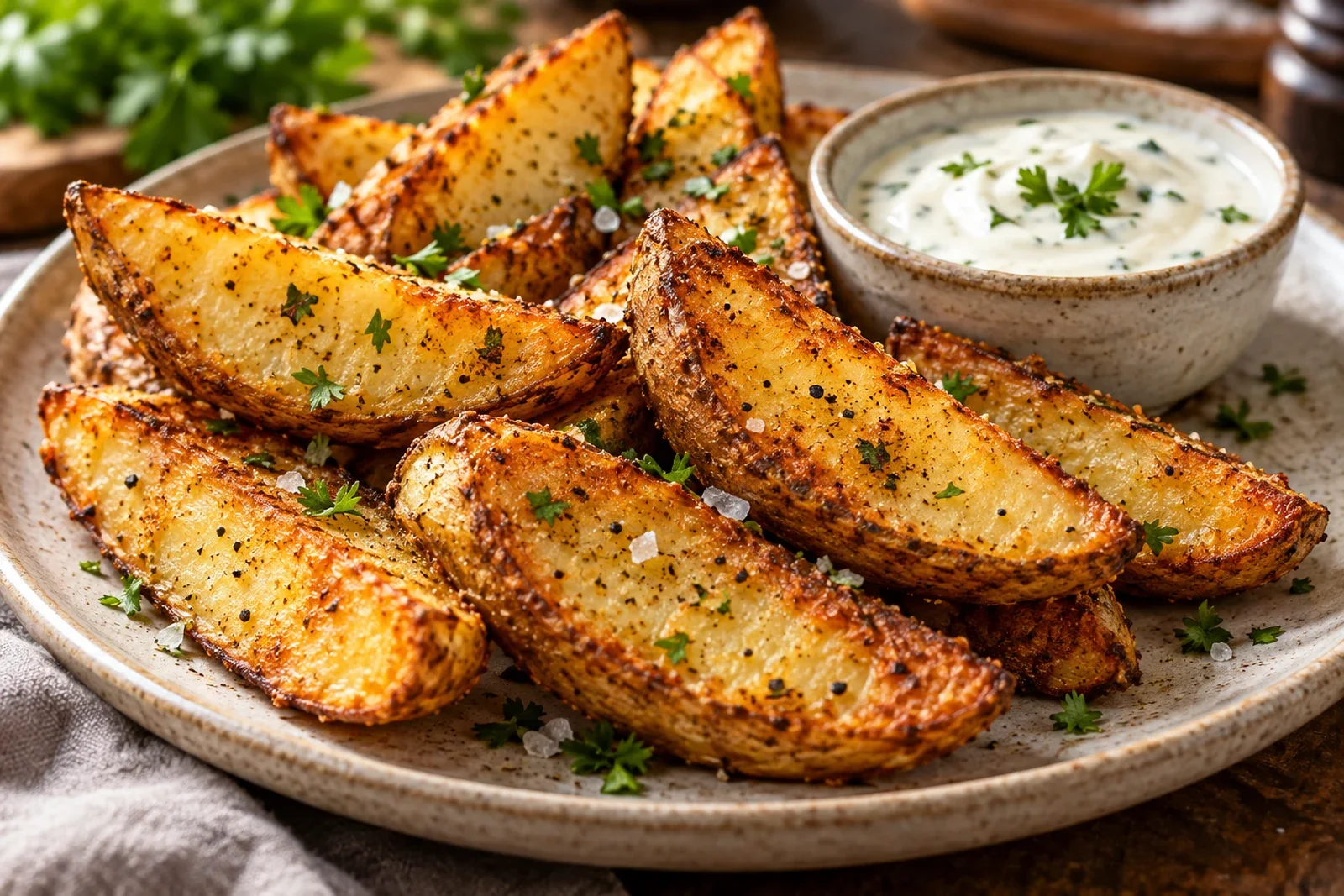 Golden crisp potato wedges with browned edges, herbs and creamy dipping sauce