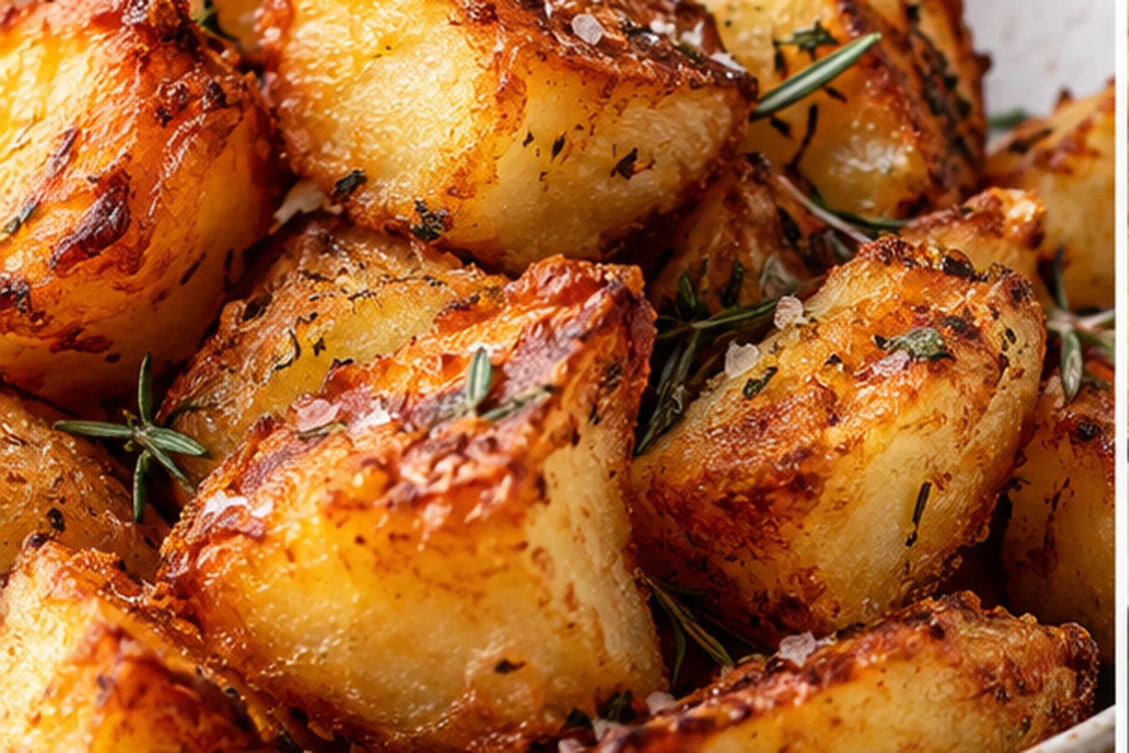 Crispy golden roast potatoes with rough crunchy edges and fluffy centers