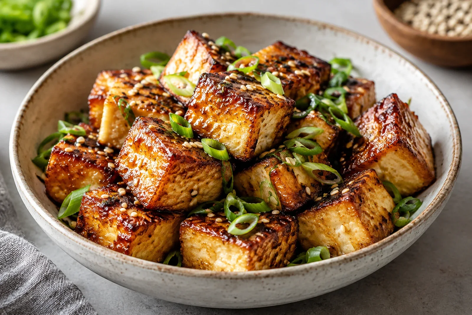 Crispy golden pan-seared tofu cubes with a light glossy soy-lime glaze, scallions and sesame, photographed as clean editorial food photography