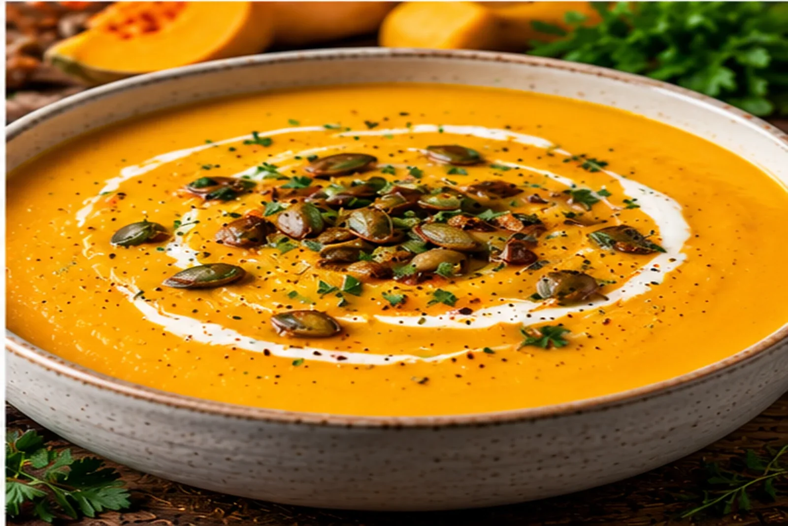 Silky golden curried butternut squash soup with cream swirl and herbs