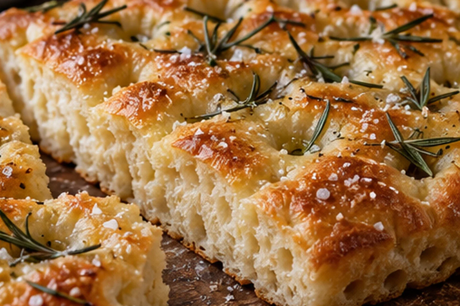 Photorealistic rosemary focaccia with a bronzed dimpled top and airy crumb