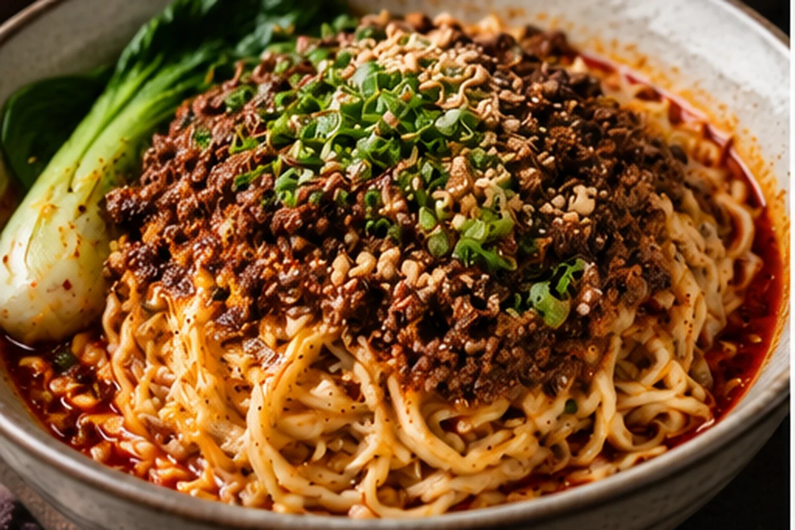 Spicy Dan Dan noodles with pork, bok choy, scallions, peanuts and chile oil