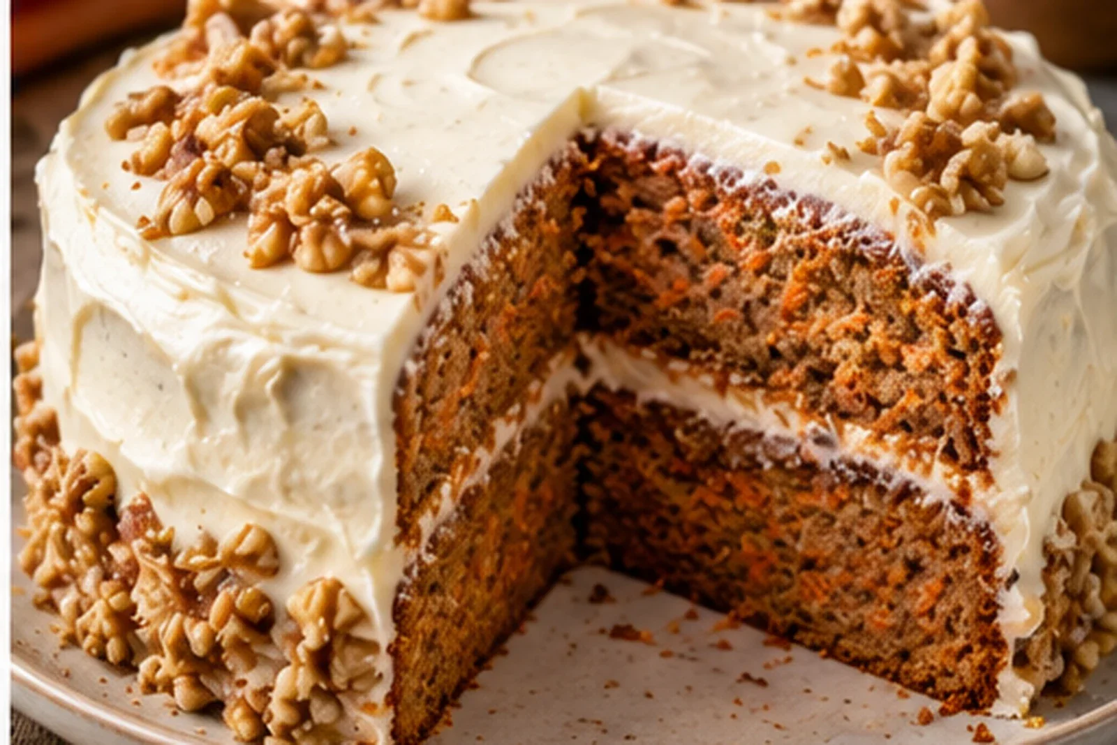 Two-layer carrot cake with cream cheese frosting and chopped walnuts