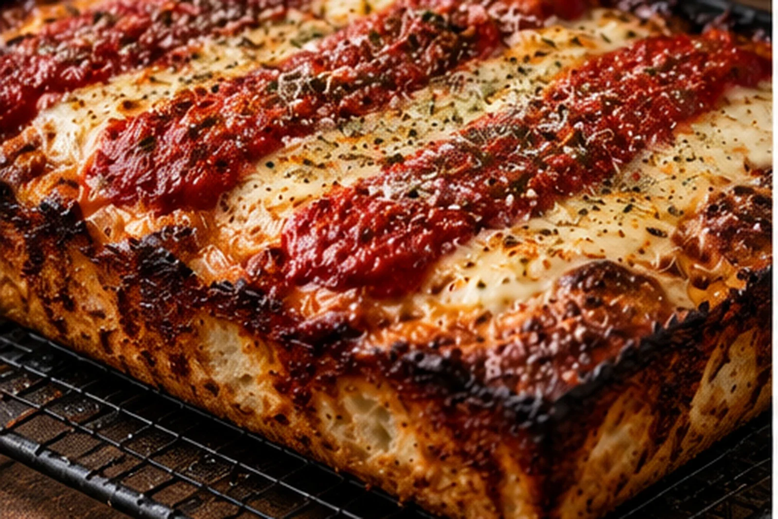Detroit-style rectangular pizza with airy crust, caramelized cheese edges and tomato sauce stripes