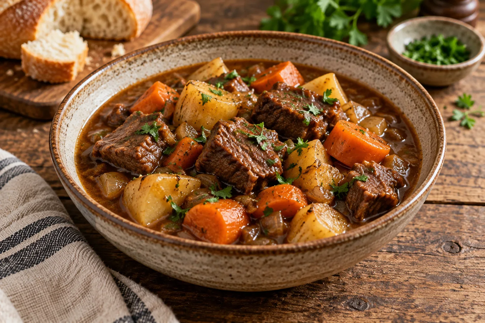 Bowl of classic beef stew with tender beef, potatoes, carrots and herbs