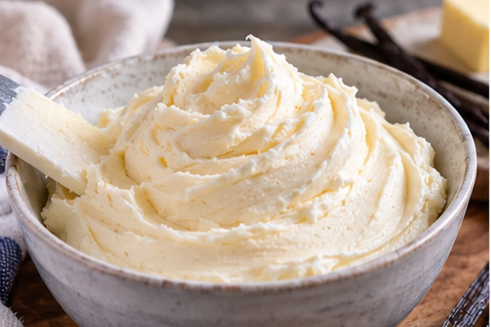 Bowl of fluffy vanilla buttercream with a smooth spreadable texture