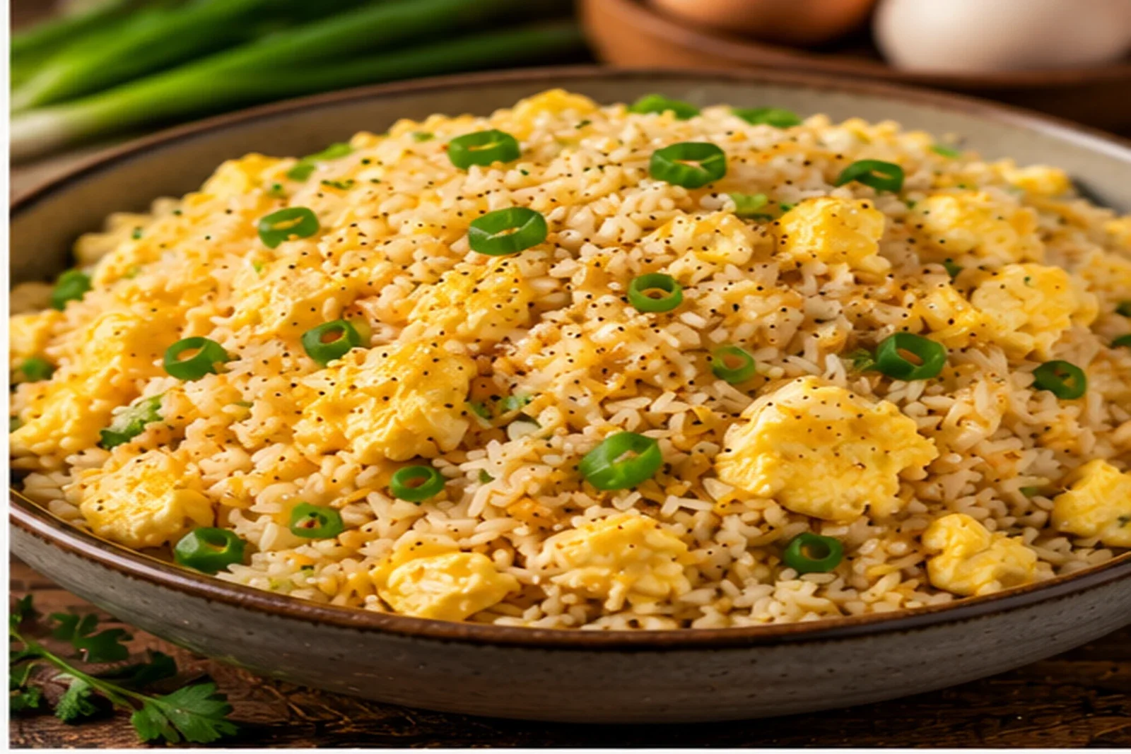 Egg fried rice with fluffy scrambled egg and scallions