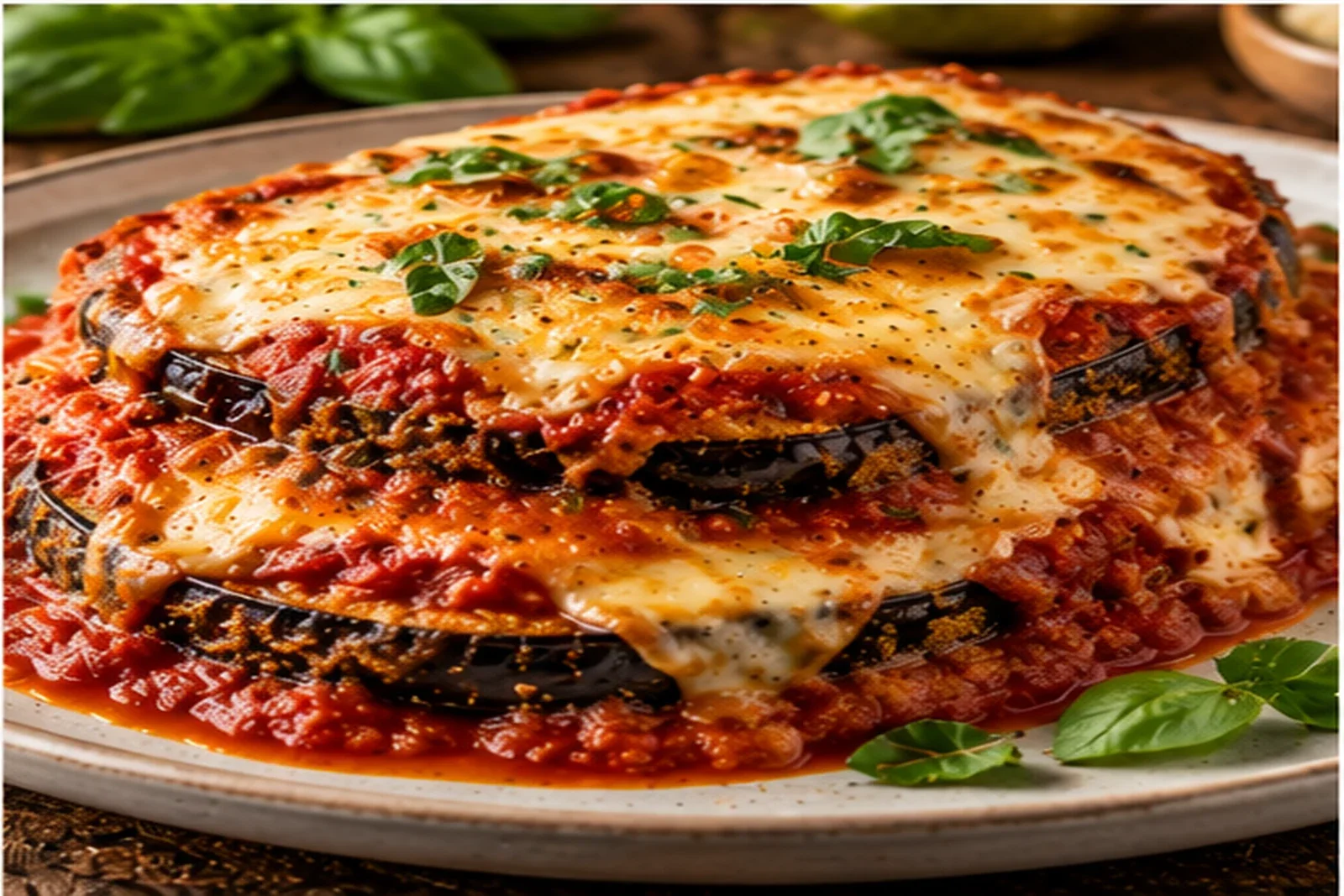 Layered eggplant Parmesan with marinara, melted mozzarella and basil