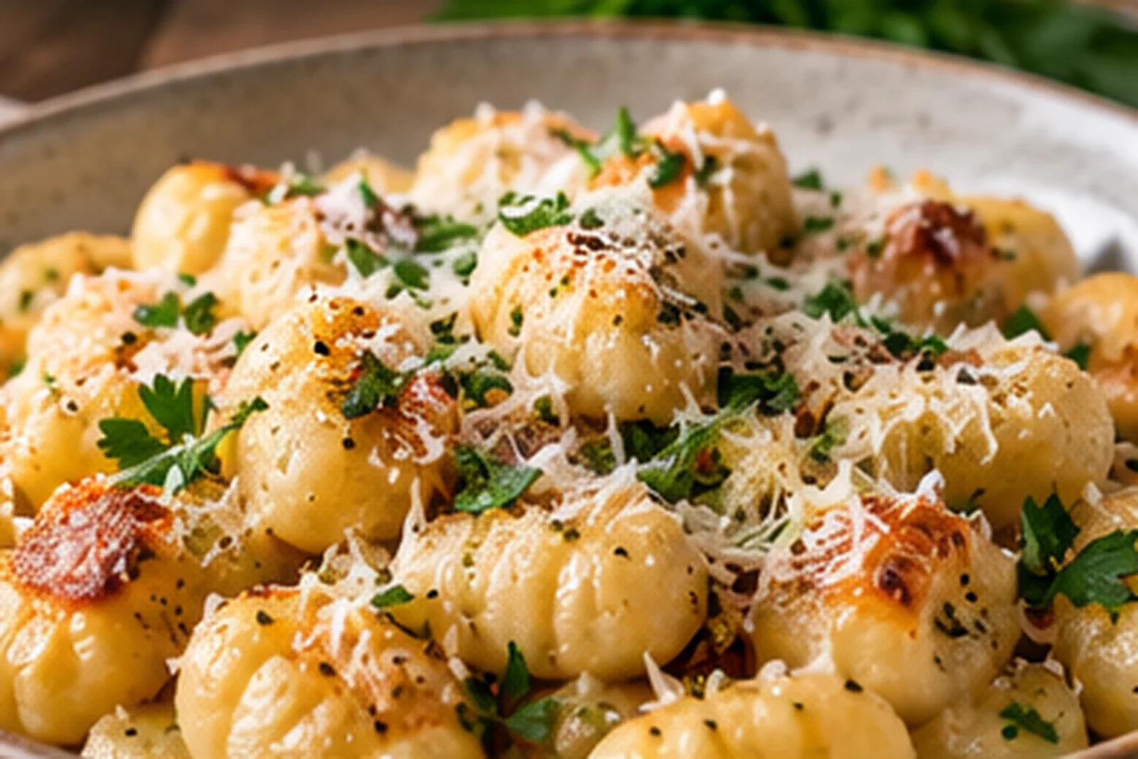 Tender potato gnocchi in a shallow bowl with Parmesan and herbs