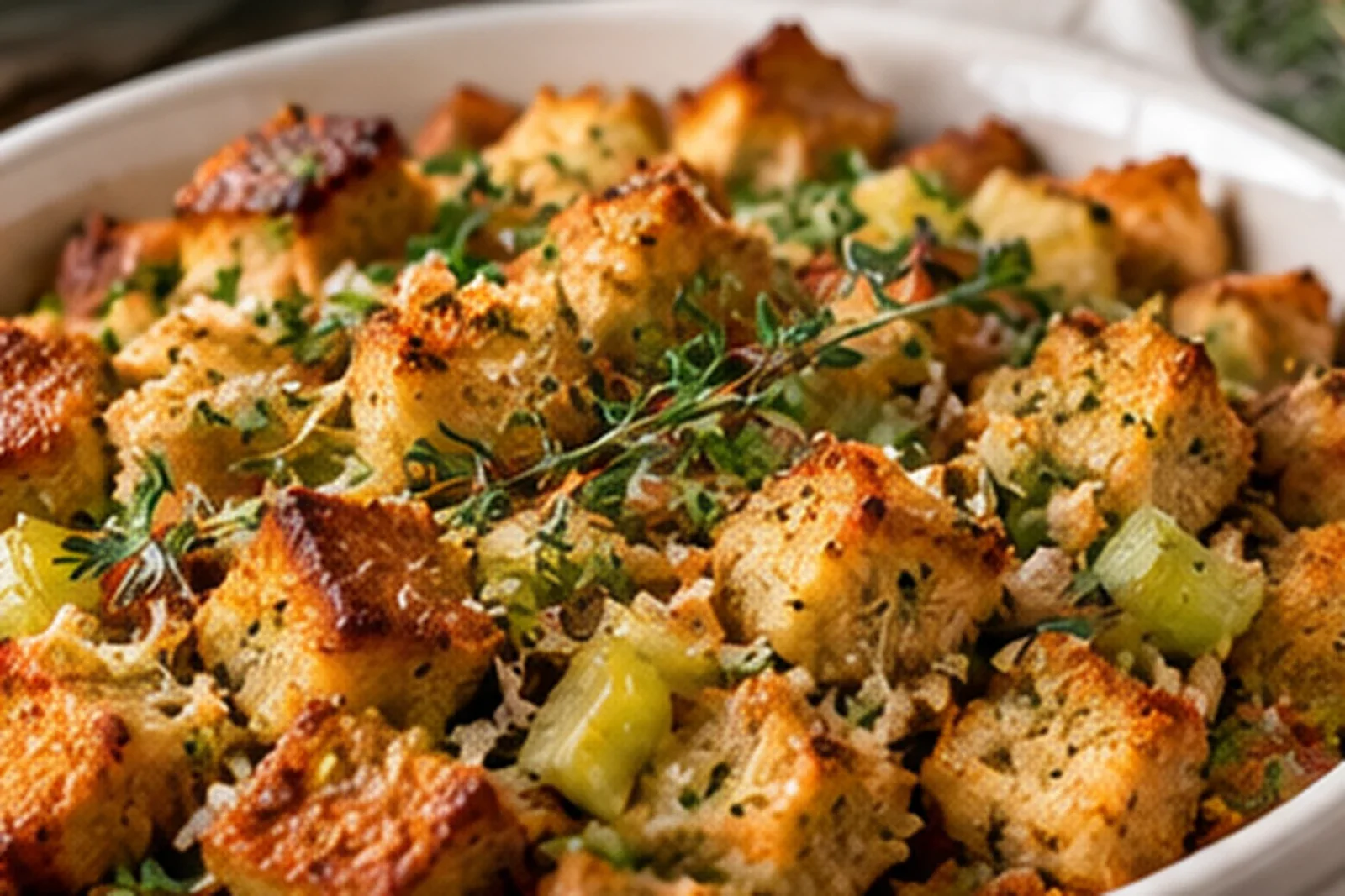 Golden baked classic stuffing with crisp bread cubes, celery and herbs