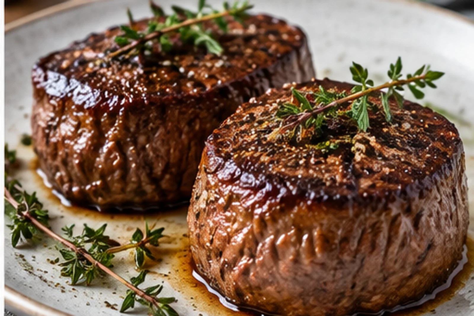 Two browned filet mignon steaks with glossy pan juices and fresh thyme on a light ceramic plate