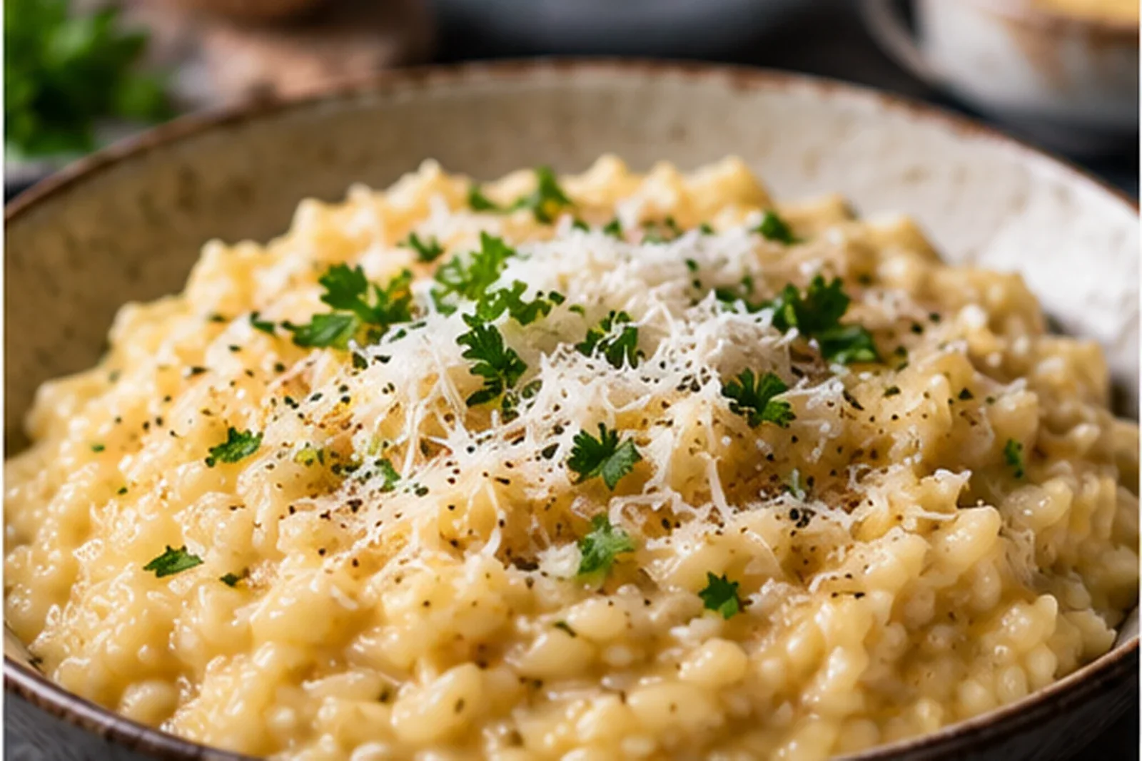 Creamy Parmesan risotto with glossy flowing rice and grated cheese