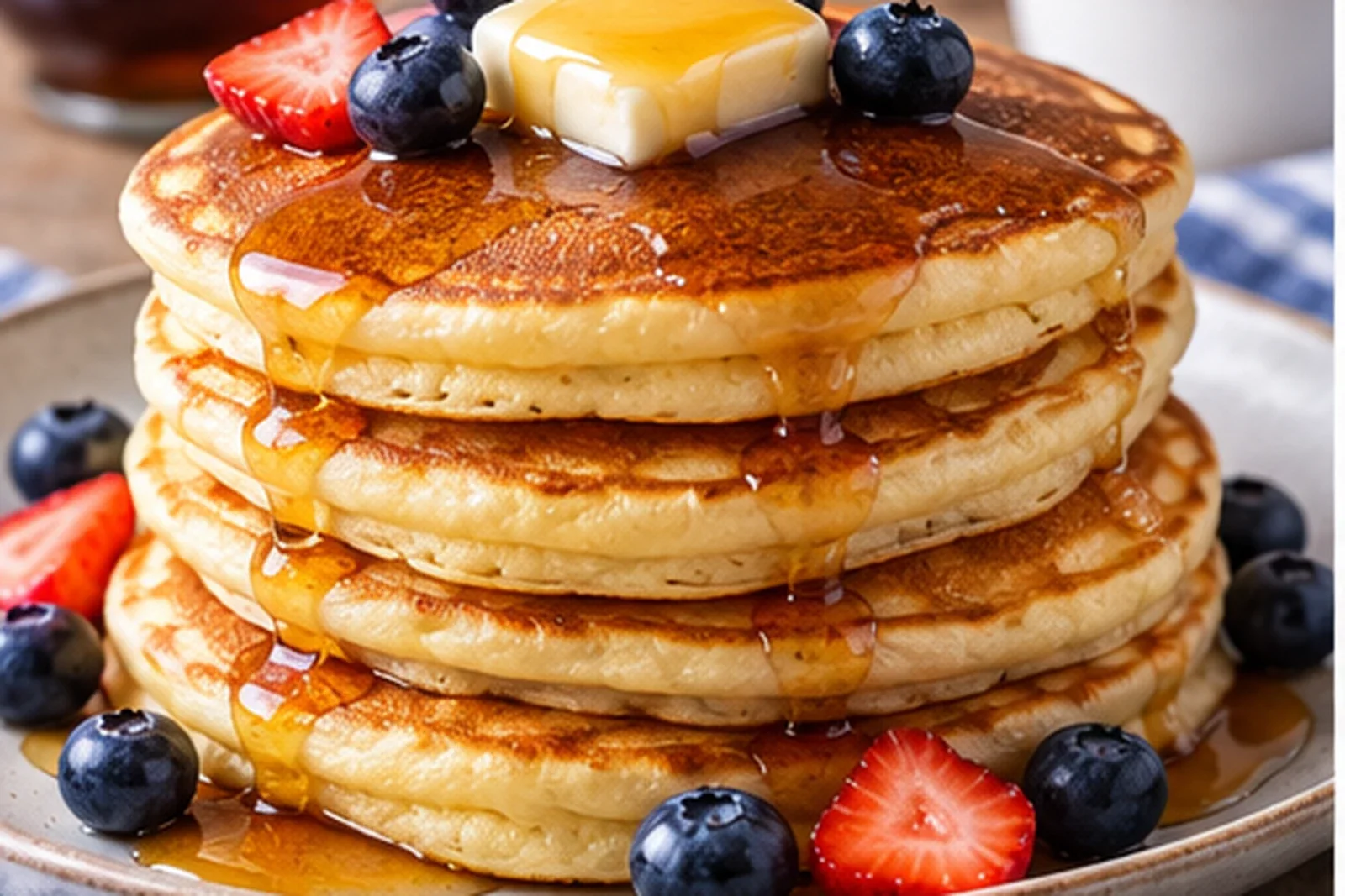 Stack of fluffy buttermilk pancakes with butter, maple syrup and fresh berries