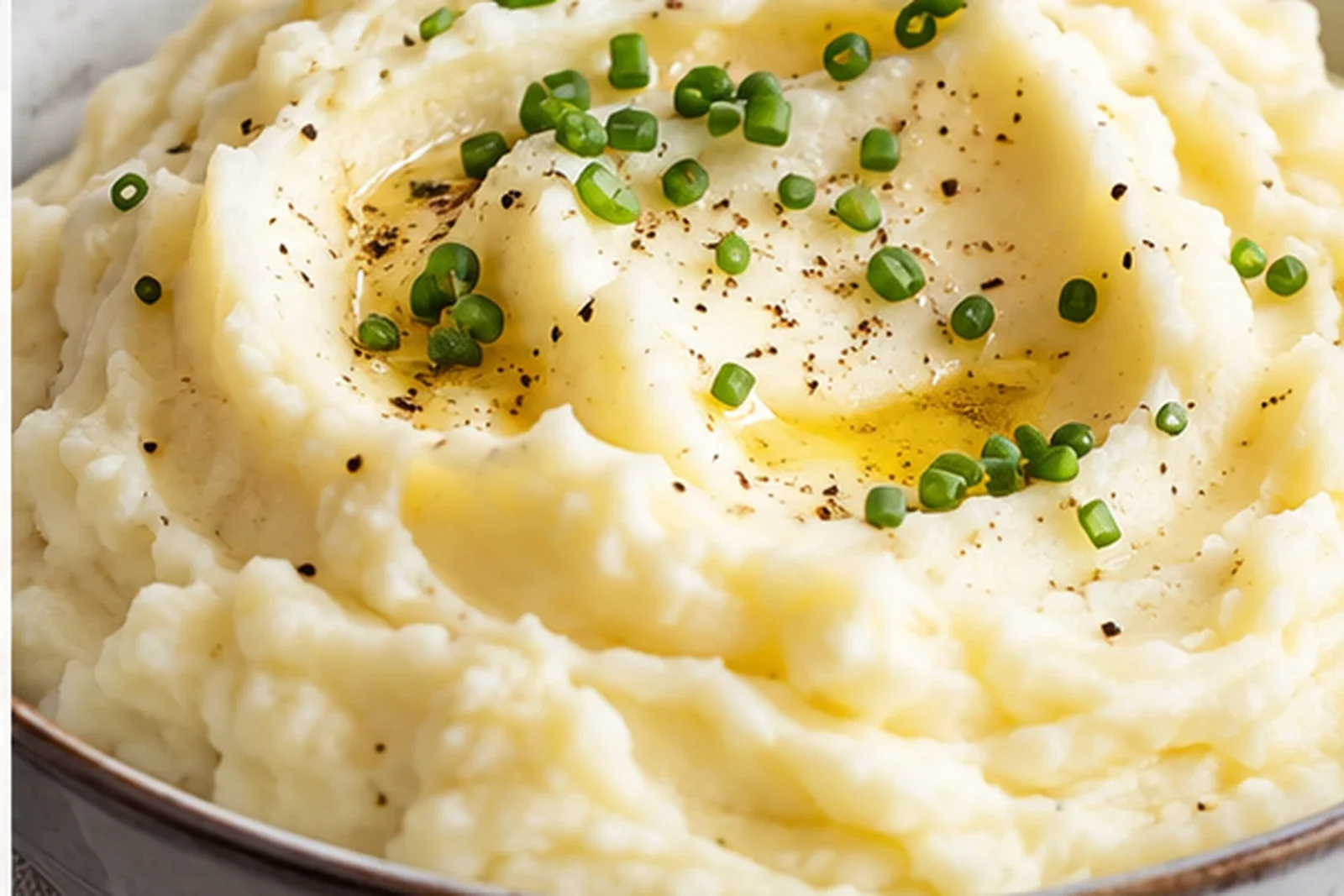 Bowl of fluffy mashed potatoes with a light smooth texture