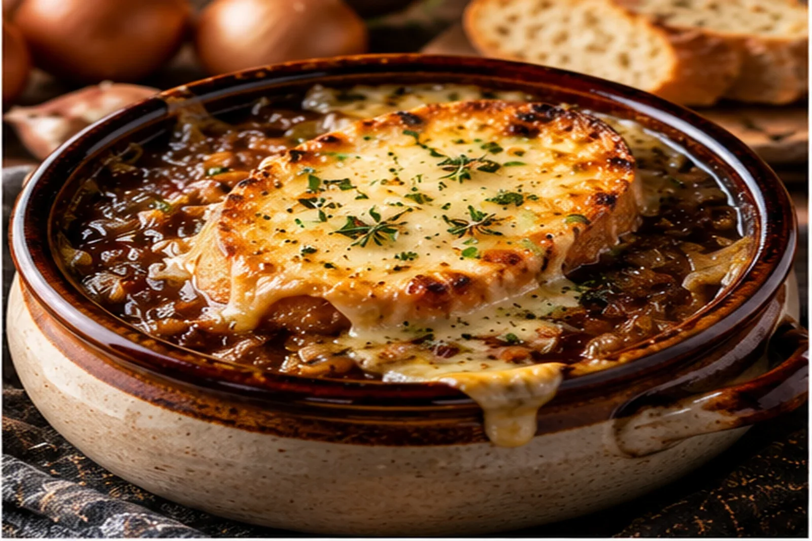 French onion soup with dark caramelized onions and a bubbling Gruyère toast