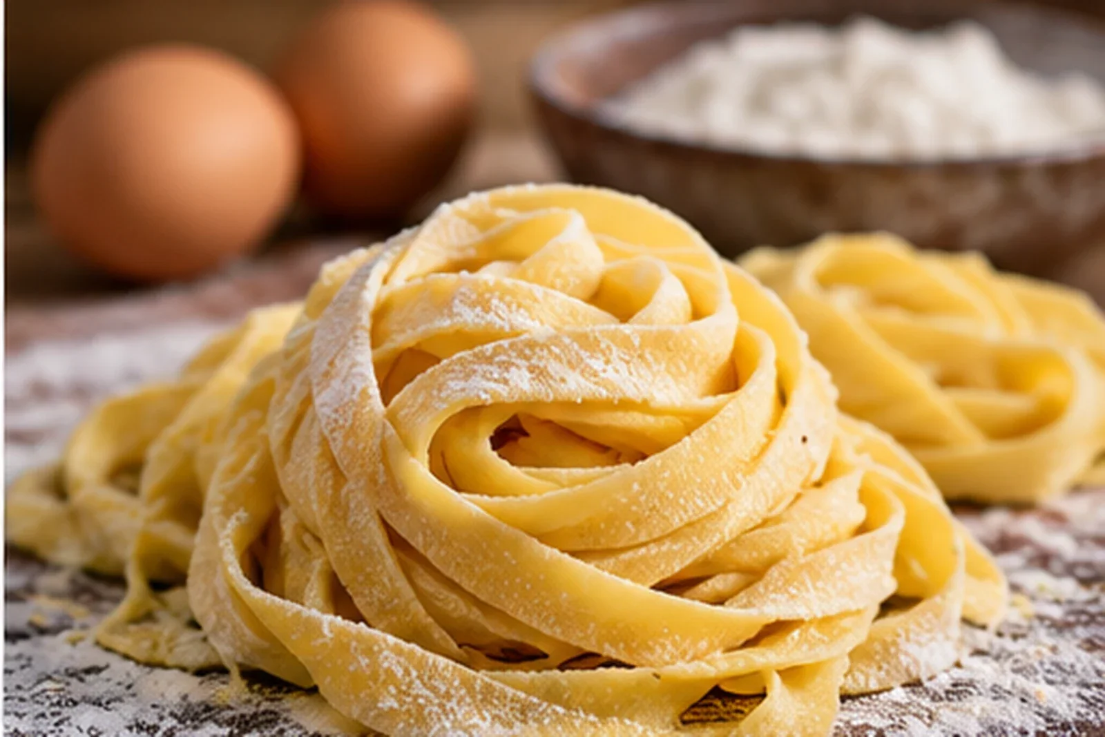 Fresh egg pasta ribbons dusted lightly with flour on a work surface